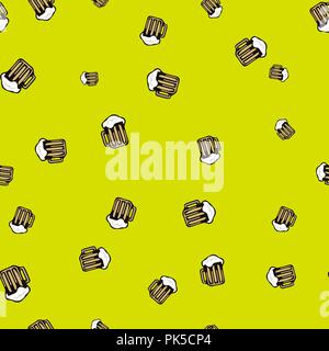 Tankard beer seamless pattern. Vector illustration. Yellow background. Stock Vector