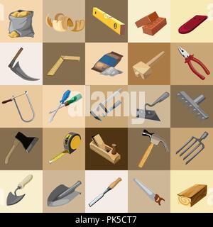 Group tool set of gardener, builder and carpenter. Sketch for stickers, card, seamless texture for wrapping paper on theme of construction, improvement and repair. Cartoon vector close-up illustration Stock Vector