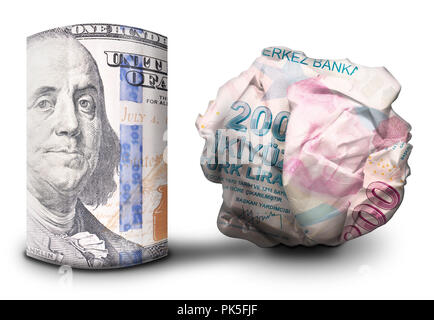 Two fiat money bills standing next to each other. One standing flat and one crumbled symbolizing currency strength and weakness. Stock Photo