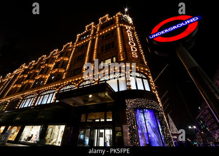HARRODS, LONDON, UK / NOVEMBER 16 2011: Harrods Store in Knightsbridge is lit up before Christmas. Stock Photo
