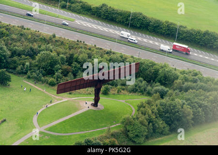 Ariel photograph taken from light aircraft of the Angel of the North and A1 road. Stock Photo