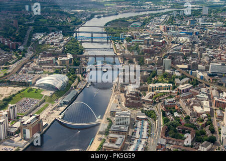 Ariel photograph taken from light aircraft of the River Tyne, High Level, Tyne, Swing, Queen Elizabeth, King Edward, Redheugh, and Millenium Bridges Stock Photo