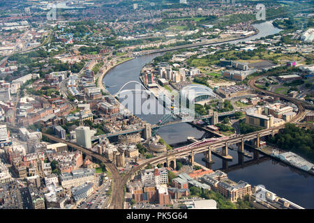 Ariel photograph taken from light aircraft of the River Tyne, the High Level, Tyne, Swing, and Millenium Bridg Stock Photo