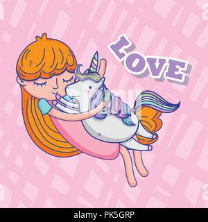 Girl and unicorn cute cartoons Stock Vector