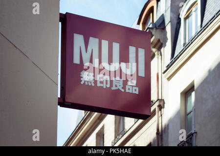 Signage of international Japanese retail company which sells a wide variety of household and consumer goods in Le Marais district of Paris. 3rd arrond Stock Photo