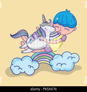 Boy and unicorn cute cartoons Stock Vector