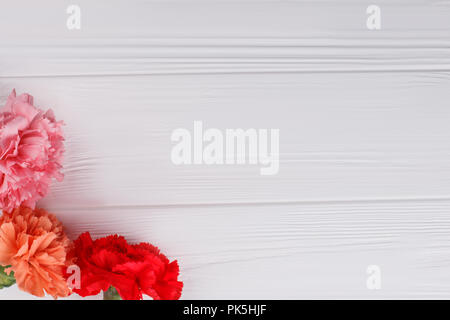 Carnation flowers and copyspace. Top view. White wooden background. Stock Photo