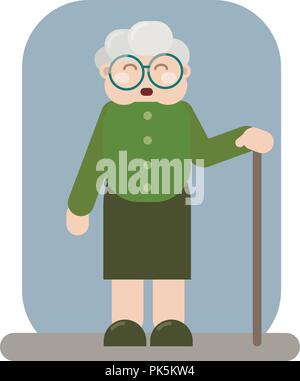 Smiling old woman in old clothes with cane and glasses Stock Vector