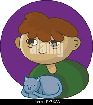 Caucasian happy boy holding a cat. portrait Stock Vector