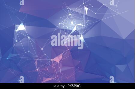 Vector 3D Illustration Geometric, Polygon, Line,Triangle pattern shape with molecule structure. Polygonal with blue purple background. Abstract scienc Stock Vector