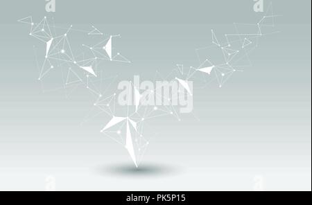Abstract Molecules with line, node, geometric, low poly, polygon and triangle. Vector design network connection technology on bright gray background.  Stock Vector