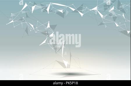 Abstract Molecules with line, node, geometric, low poly, polygon and triangle. Vector design network connection technology on bright gray background.  Stock Vector