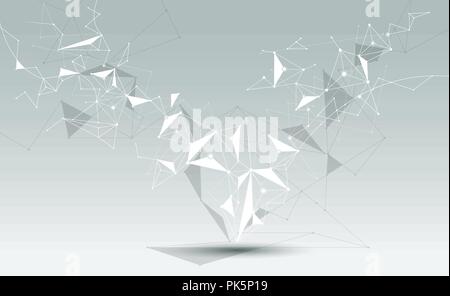 Abstract Molecules with line, node, geometric, low poly, polygon and triangle. Vector design network connection technology on bright gray background.  Stock Vector