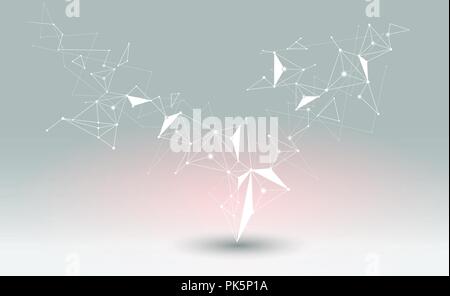 Abstract Molecules with line, node, geometric, low poly, polygon and triangle. Vector design network connection technology on bright gray background.  Stock Vector
