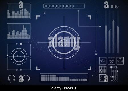 Futuristic screen. Charts and dashboards. Vector illustration. Blue and white colors. Stock Vector