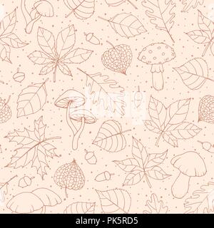 Vector autumn seamless pattern with oak, poplar, beech, maple, aspen and horse chestnut leaves, mushrooms, acorns and physalis brown outline on the be Stock Vector