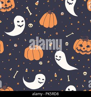 Vector Halloween repeat pattern with pumpkins, ghosts with scary faces, bones, skulls and candy corn in sketch style. Hand drawn autumn holiday decora Stock Vector