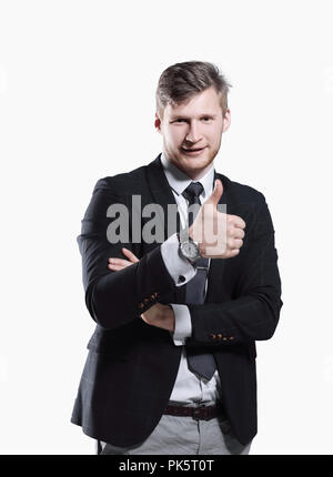 young successful businessman showing thumb up. photo with copy space Stock Photo