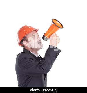 serious engineer with a screaming megaphone. photo with copy space Stock Photo