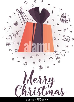 Merry Christmas poster with gift and icons.  Isolated white background Stock Vector
