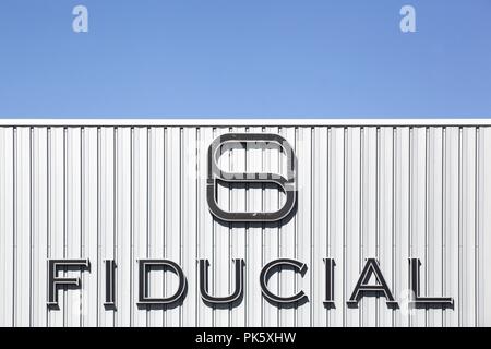 Saint Priest, France - September 8, 2018: Fiducial logo on a wall. Fiducial is a French company and the leading provider of multidisciplinary services Stock Photo