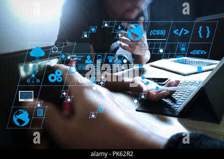 Coding software developer work with AR new design dashboard computer icons of scrum agile development and code fork and versioning with responsive cyb Stock Photo