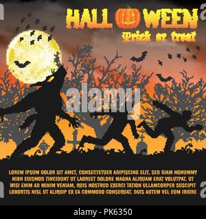 halloween silhouette werewolf in a night graveyard Stock Vector