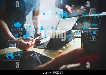 Coding software developer work with AR new design dashboard computer icons of scrum agile development and code fork and versioning with responsive cyb Stock Photo