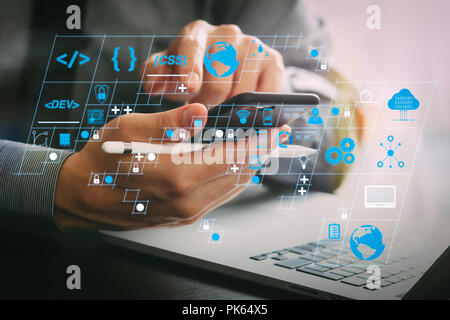 Coding software developer work with AR new design dashboard computer icons of scrum agile development and code fork and versioning with responsive cyb Stock Photo