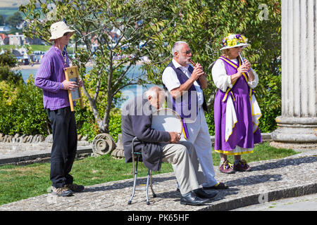 Musicians band for Fleur de Lys morris side playing at the Swanage Folk Festival, Dorset UK on a lovely warm sunny day in September Stock Photo