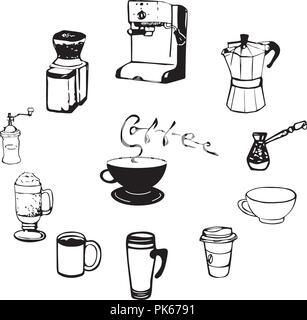 Coffee cups and equipment illustration. Hand drawn coffee equipment. Coffee mugs, glasses, machines hand drawn sketch. Stock Vector