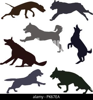 Silhouettes of different dog breeds. Set of dog silhouettes doing different activities. Dog jumping, running, barking. Stock Vector