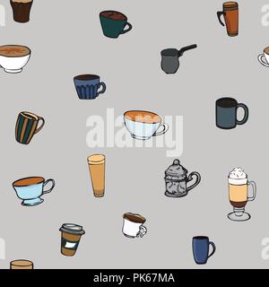 Coffee cups seamless pattern. Hot drinks vector illustration. Coffee mugs seamless background. Stock Vector