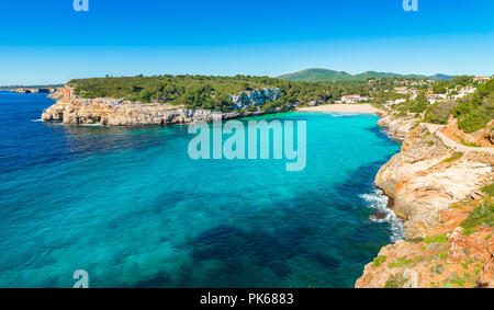 Idyllic island scenery, beautiful coast of beach Cala Romantica Majorca, Mediterranean Sea Spain Stock Photo