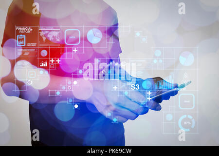 Financial report data of business operations (balance sheet and income statement and diagram) as Fintech concept.businessman hand using Tablet compute Stock Photo