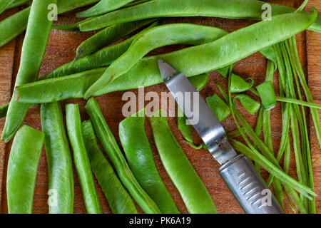 Green beans (runner beans) on a kitchen table Stock Photo