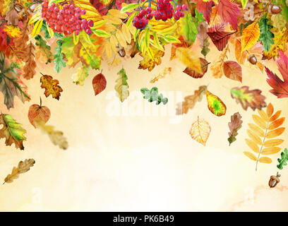 Background with colorful falling autumn leaves on light coloured Stock Photo
