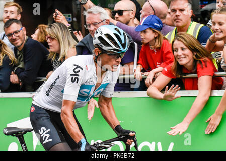 Vasil Kiryienka of Team Sky racing at the OVO Energy Tour of Britain cycle race, Stage 8, London, UK. Crowd support banging on boards Stock Photo