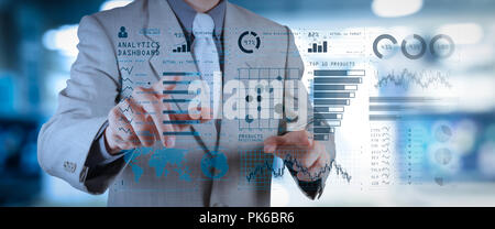 Intelligence (BI) and business analytics (BA) with key performance indicators (KPI) dashboard concept.business documents on office table with smart ph Stock Photo