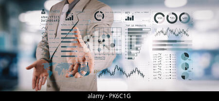 Intelligence (BI) and business analytics (BA) with key performance indicators (KPI) dashboard concept.business documents on office table with smart ph Stock Photo
