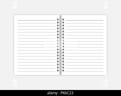 Open notebook with white lined pages vector mock-up. Spiral bound notepad mockup. Wirebound diary Stock Vector