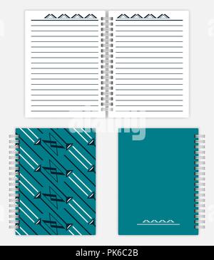 Notebook design: spread, front and back cover. Spiral bound notepad mockup. Silver metal spring diary with lined pages, vector mock-up Stock Vector
