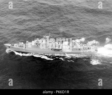 Aerial port beam view of a Soviet Koni class frigate armed with one twin SA-N-4 missile launcher, two twin 76 mm dual purpose guns and two twin 30 mm guns.. Stock Photo