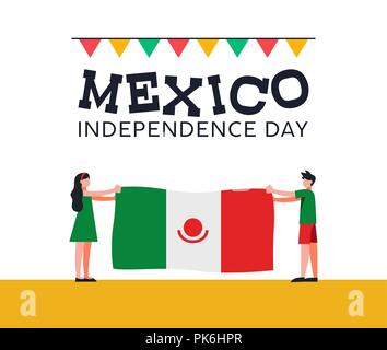 Happy Mexico Independence Day illustration. Traditional national celebration design with boy and girl holding mexican country flag for september holid Stock Vector