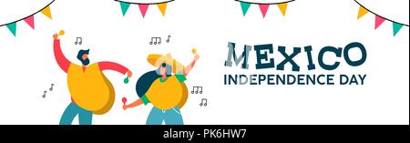 Mexico Independence day web banner illustration. Mexican friend party with typical hat poncho and maracas for september 16 national event celebration. Stock Vector