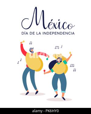 Mexico Independence day illustration in spanish language. Fun mexican friends at party with typical hat poncho and maracas for september 16 national e Stock Vector