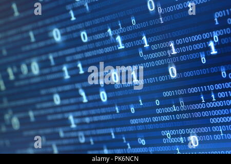 Computer display screen with binary code moving in the background. text moving in matrix code style from top moving downward to the bottom Stock Photo