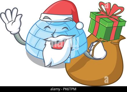 Santa with gift cartoon ice house igloo on snowing day Stock Vector