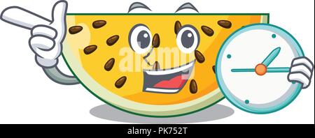 With clock sliced yellow watermelon on character cartoon Stock Vector