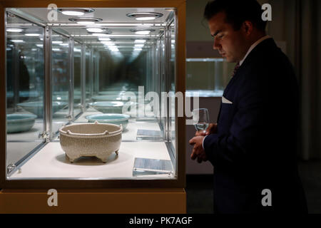 (180911) -- UNITED NATIONS, Sept. 11, 2018 (Xinhua) -- A man visits the 2018 Longquan Celadon Exhibition Tour at the United Nations Headquarters Building in New York, Sept. 10, 2018.  Guests, Chinese and Americans alike, were fascinated at the jars, tea pots and cups, and plates made of a jade-like china or ceramics at a show Monday at the headquarters of United Nations. (Xinhua/Li Muzi) (gj)